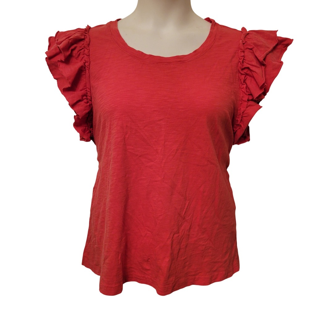 Jane Delancey L T Shirt Coral Ruffle Cap Sleeve Slub Knit Cotton Top Summer
